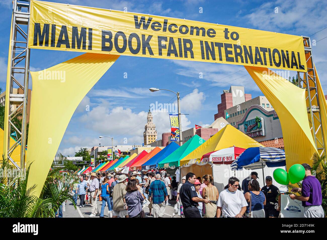 Miami Florida,International Book Fair festival,welcome banner sign entrance tents vendors booths stalls annual Stock Photo