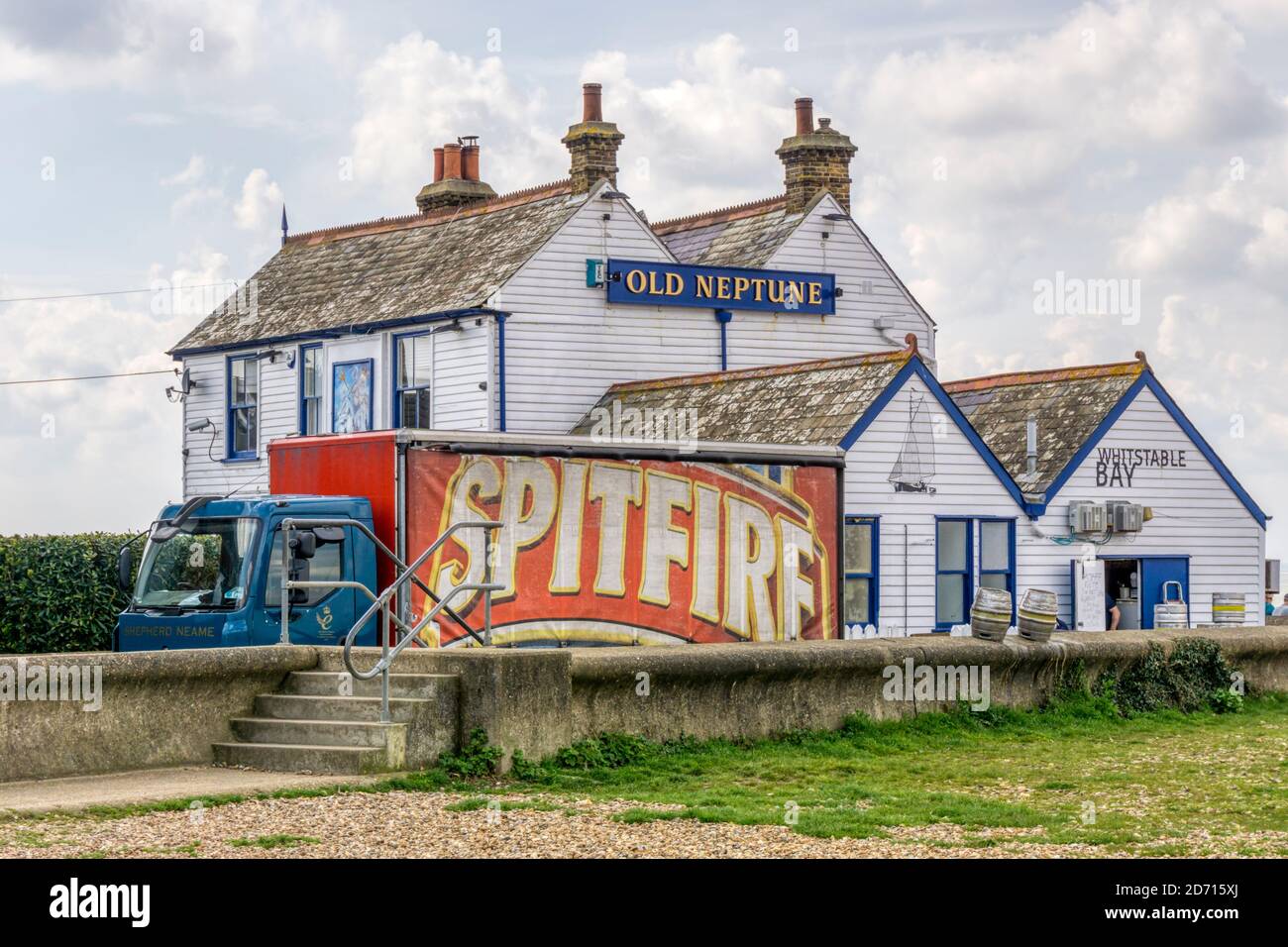 Shepherd Neame lorry delivering Spitfire beer to The Old Neptune pub in Whitstable. Stock Photo