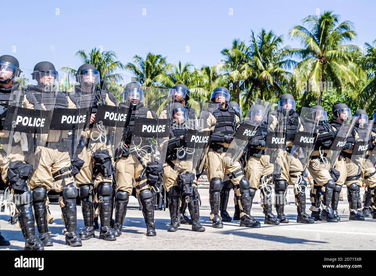 Miami Florida,Biscayne Boulevard,Free Trade Area of Americans Summit FTAA demonstrations,police policemen riot gear shields, Stock Photo