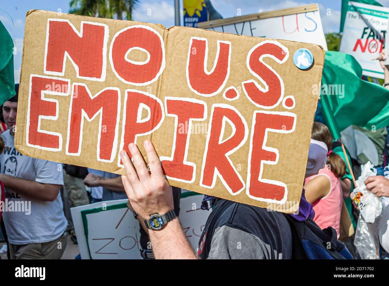 Miami Florida,Biscayne Boulevard,Free Trade Area of Americans Summit FTAA demonstrations,protester holds holding sign poster, Stock Photo