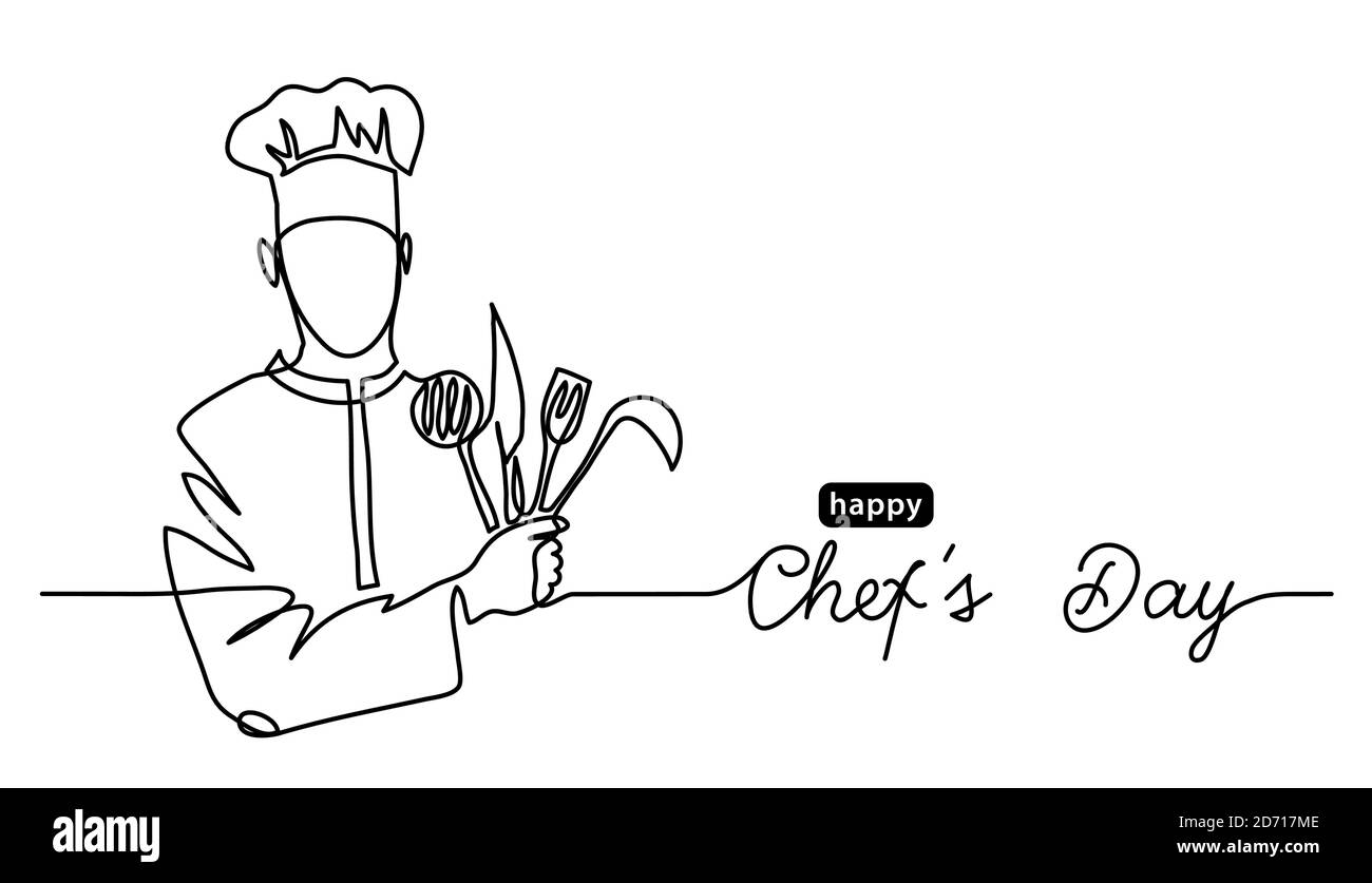 Happy Chefs Day simple vector web banner, border, background, poster. Lineart illustration with text Chefs Day. One continuous line drawing Stock Vector