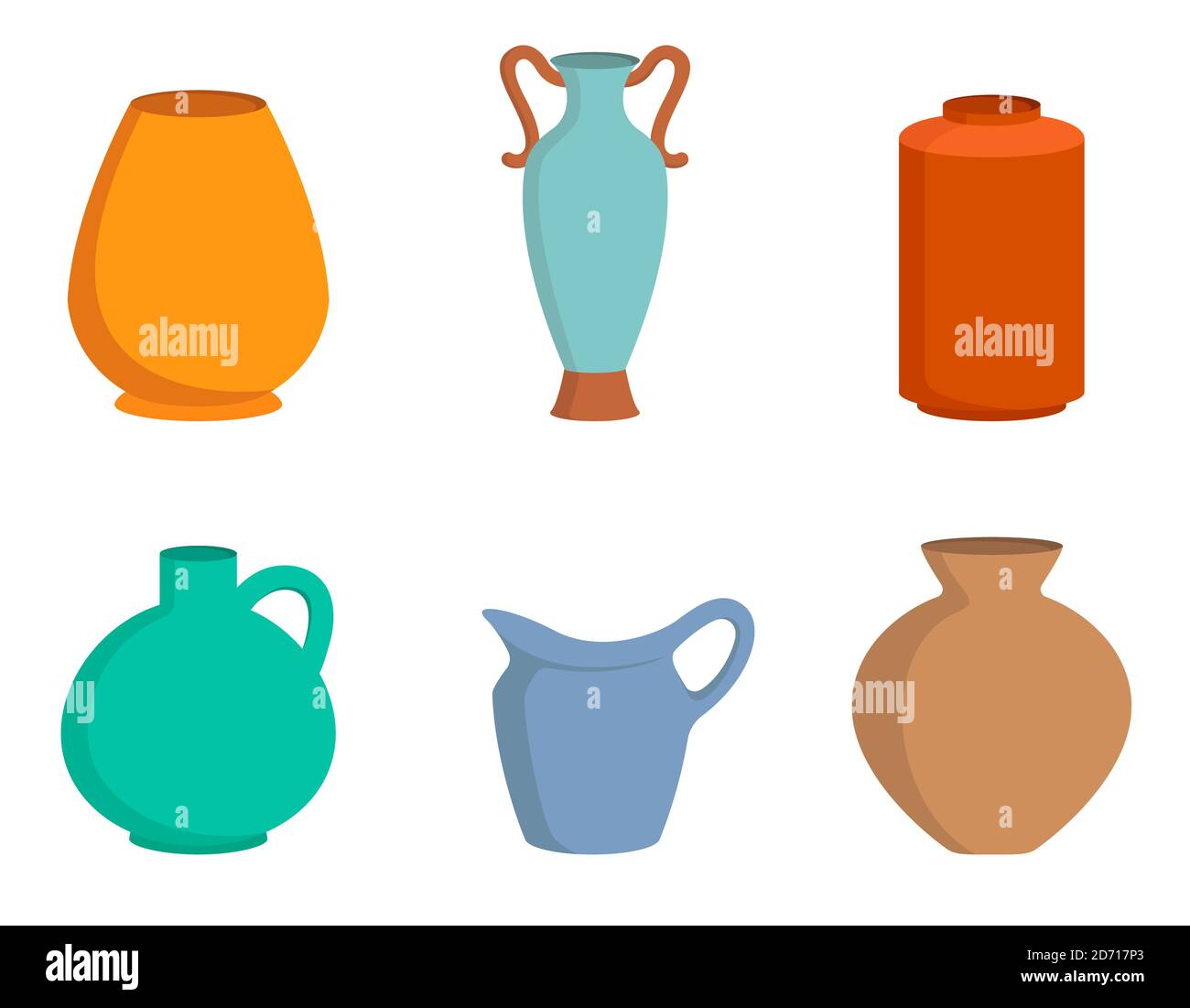 Set of different vases and jugs. Decor items in cartoon style. Stock Vector