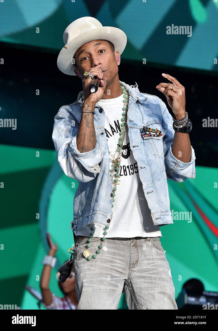 Pharrell Williams performs during Capital FM's Summertime Ball at Wembley Stadium, London. Stock Photo