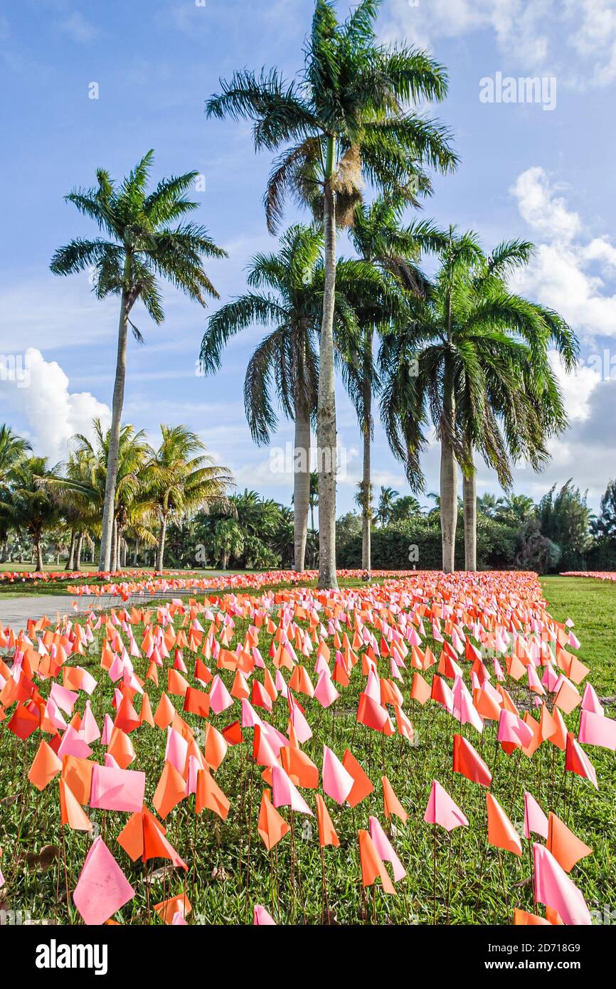 Miami Florida,Coral Gables Fairchild Tropical Garden,Flower Square art installation Patricia Van Dalen Venezuela,vinyl marker flags represent brushstr Stock Photo