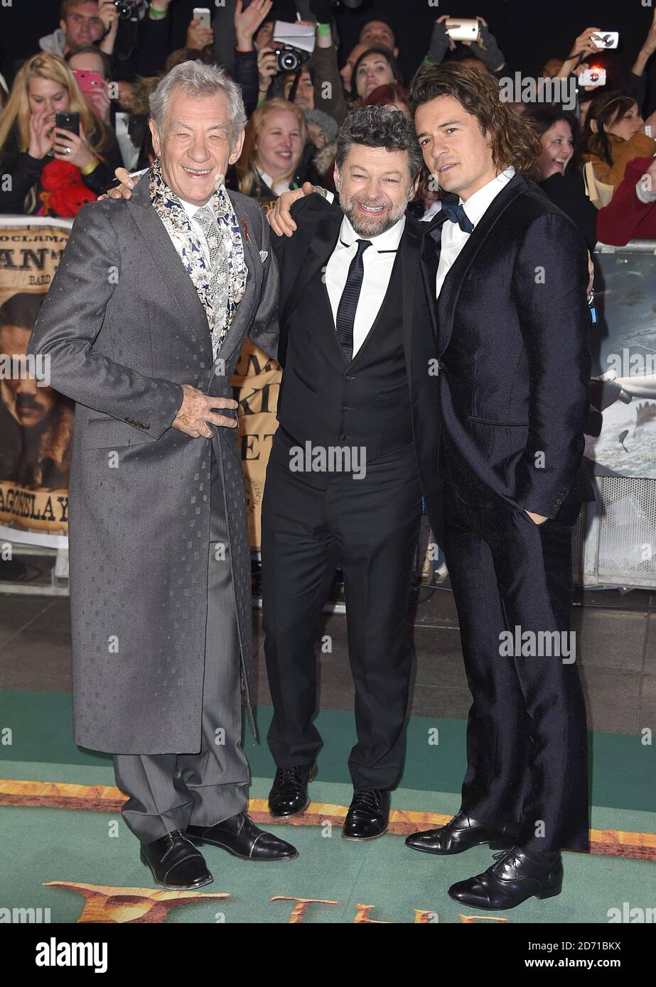 Ian McKellen, Andy Serkis and Orlando Bloom arriving at The Hobbit: The Battle Of The Five Armies World Premiere held at Odeon Leicester Square and Empire IMAX, London. Stock Photo