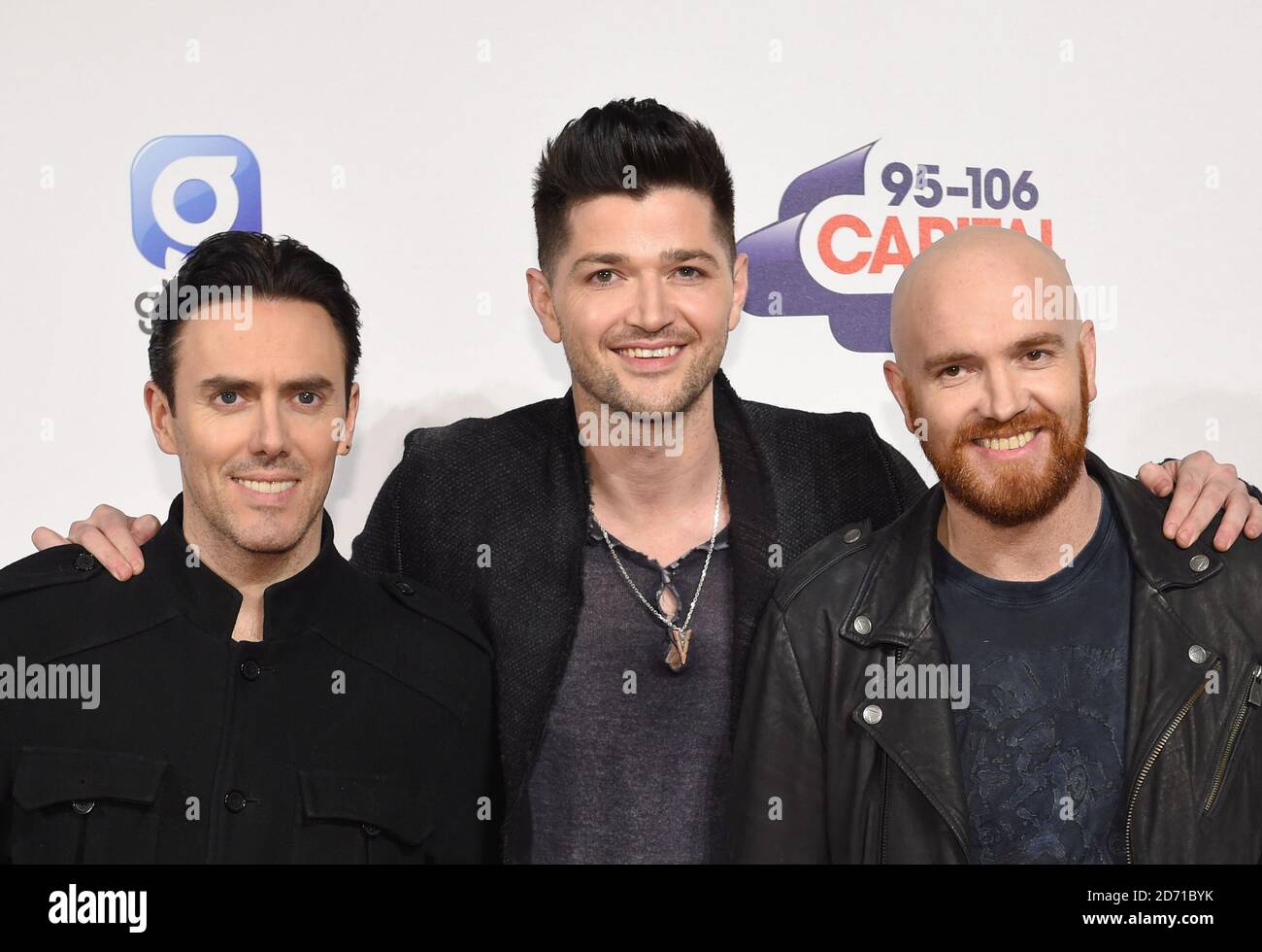 Glen Power, Danny O'Donaghue and Mark Sheehan of The Script backstage at the Capital FM Jingle Bell Ball, at the O2 arena in east London. Stock Photo