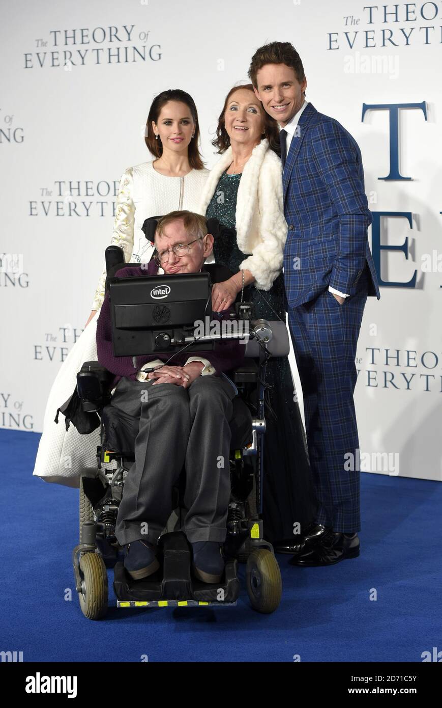 Eddie Redmayne, Felicity Jones, Stephen Hawking and Jane Wilde Hawking arriving at the Theory Of Everything UK Premiere held at Odeon Leicester Square, London Stock Photo