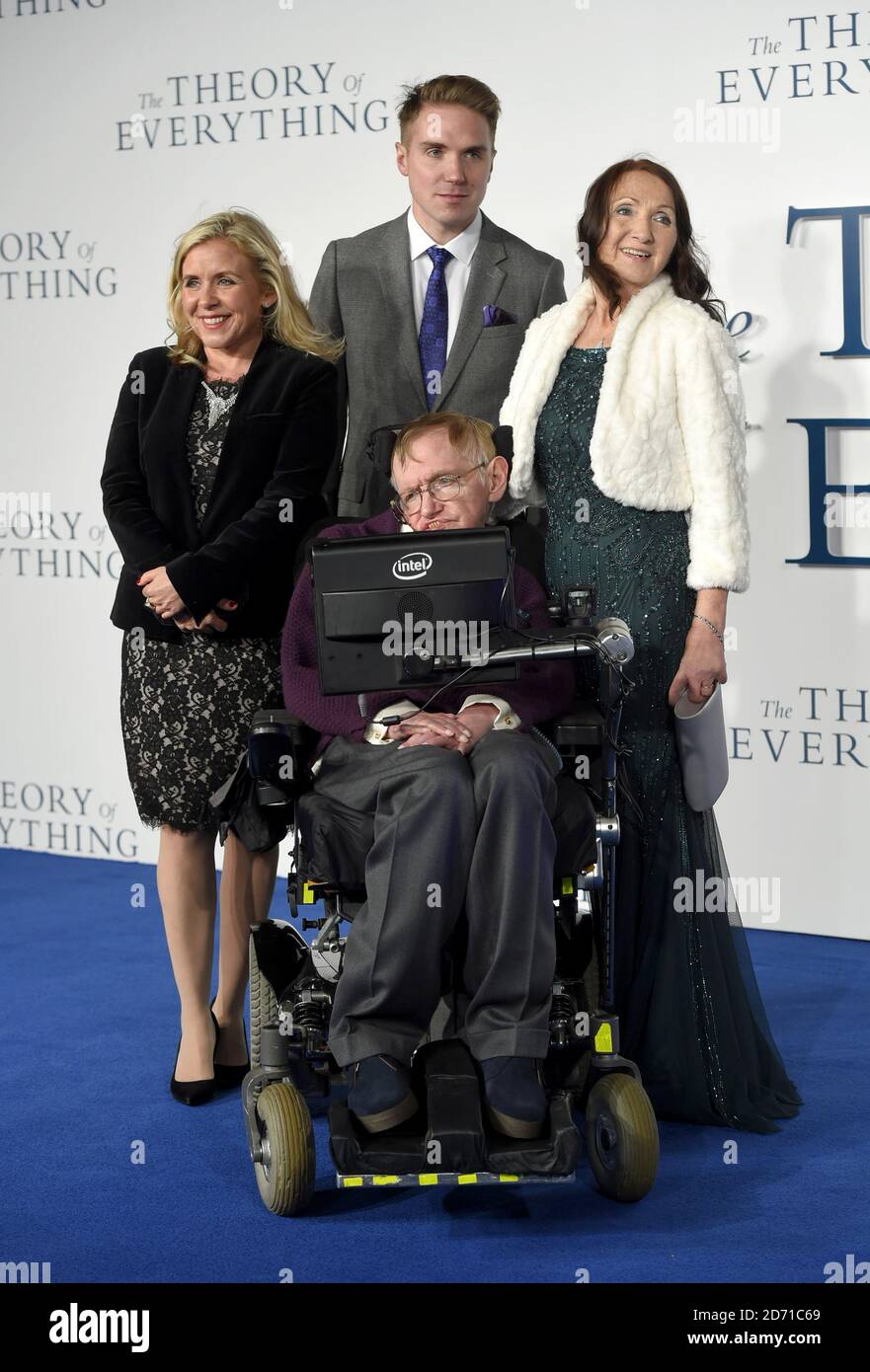 Stephen Hawking, Lucy Hawking (left) and Jane Wilde Hawking arriving at the Theory Of Everything UK Premiere held at Odeon Leicester Square, London Stock Photo