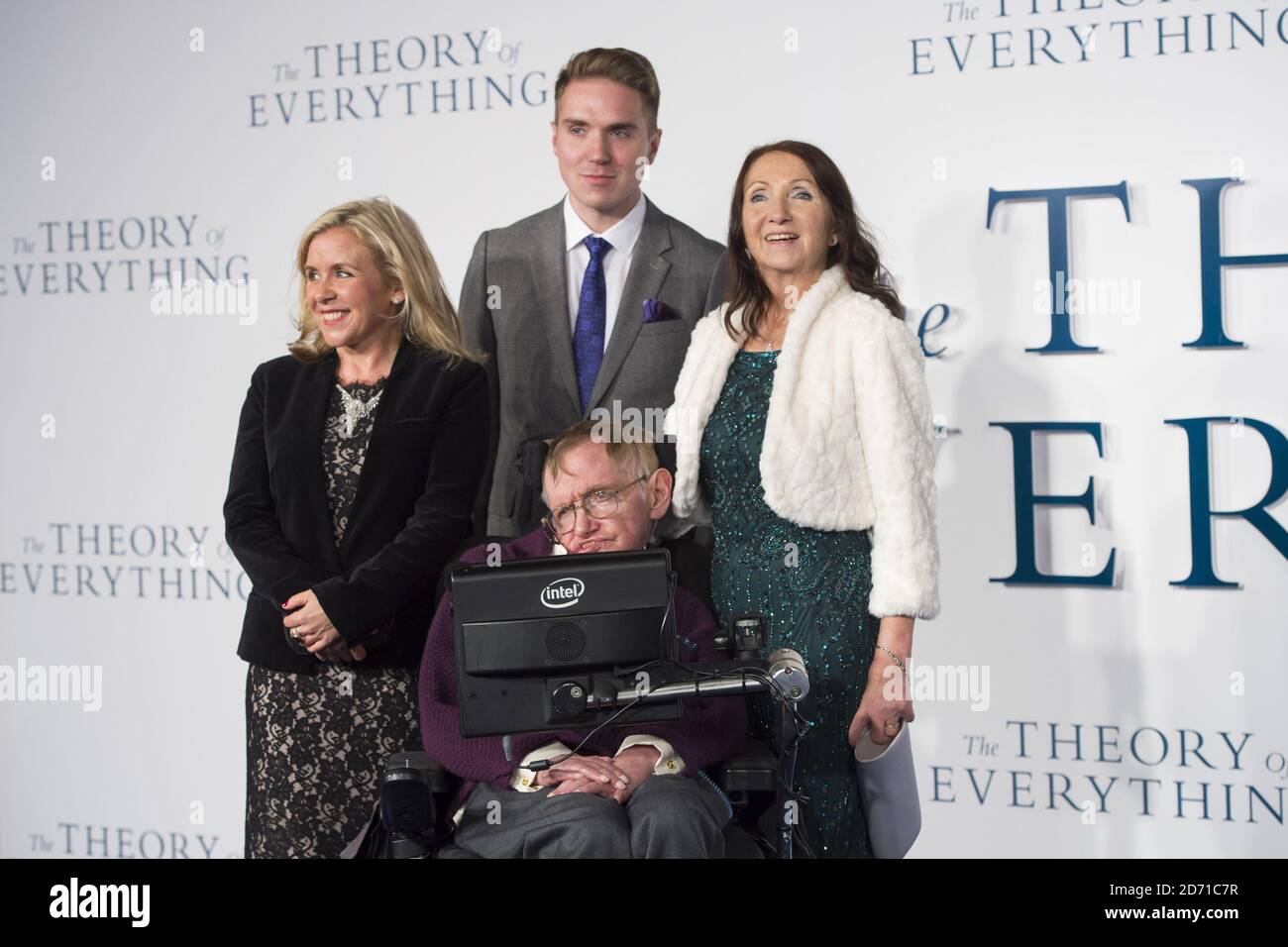 Stephen Hawking, Lucy Hawking (left) and Jane Wilde Hawking attending the UK Premiere of The Theory of Everything at the Odeon Leicester Square, London. Stock Photo
