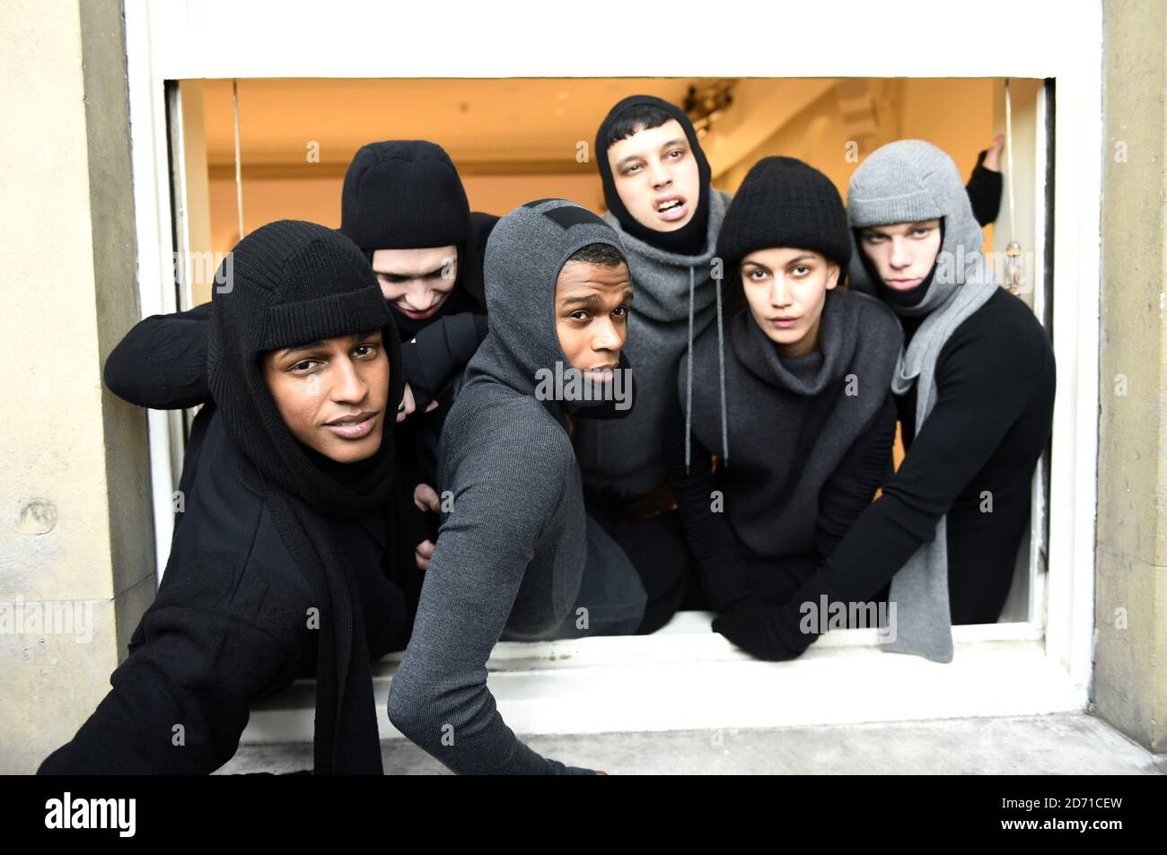 Models wearing designs by Maxwell Osborne and Dao-yi Chow of fashion brand 'Public School', winner of the International Woolmark Prize Menswear Grand Final, held at Somerset House as part of London Collections: Men 2015. Stock Photo