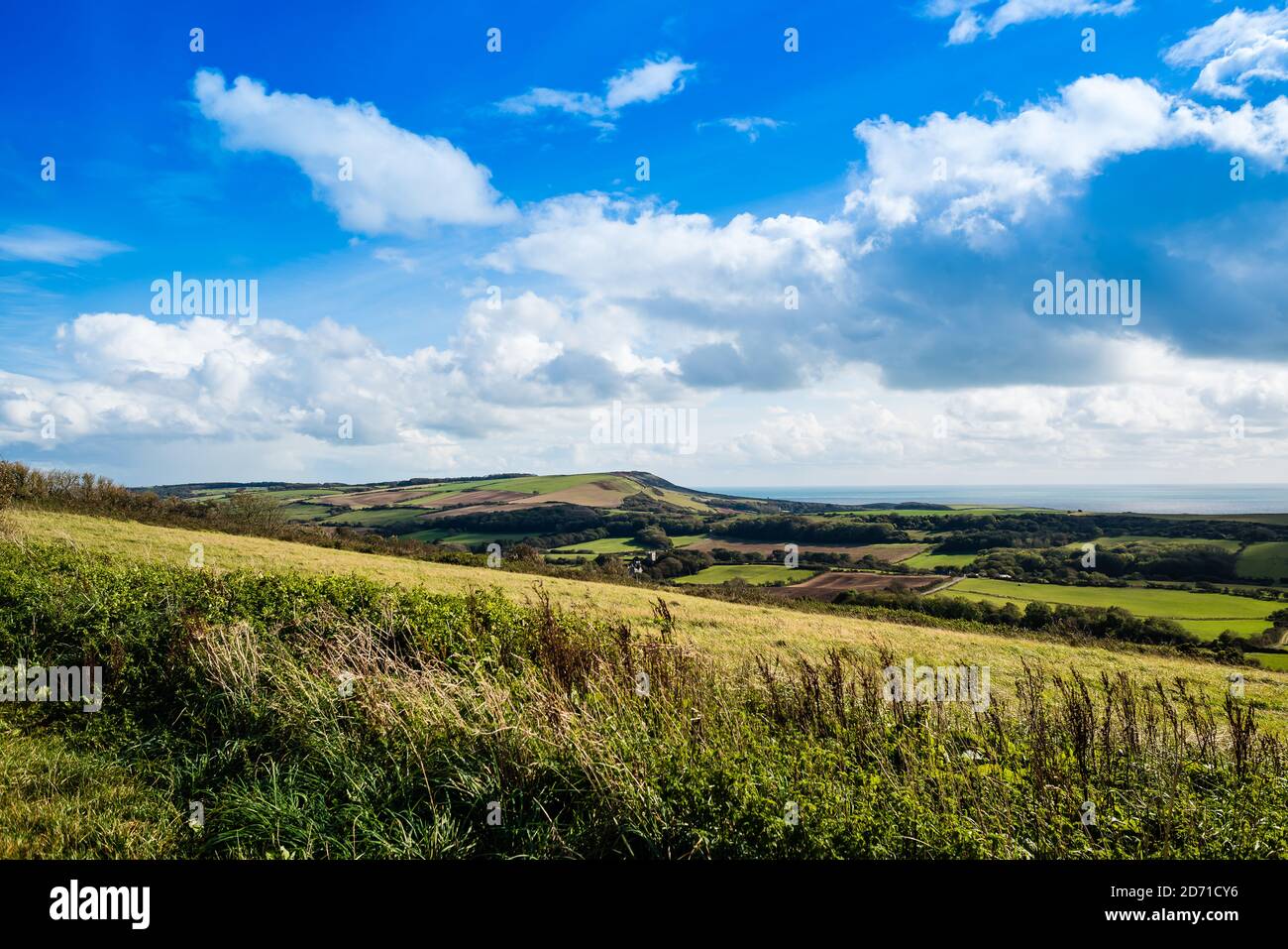 View towards Kimmeridge Bay from the Purbeck hills. Stock Photo