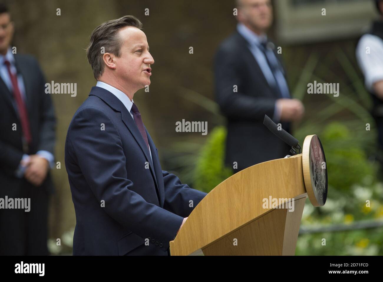 David Cameron makes a statement to the waiting media at number 10 Downing Street, after an audience with the Queen to confirm his second term as Prime Minister following his party's General Election victory. Stock Photo