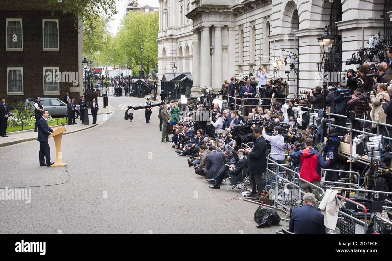 David Cameron makes a statement to the waiting media at number 10 Downing Street, after an audience with the Queen to confirm his second term as Prime Minister following his party's General Election victory. Stock Photo