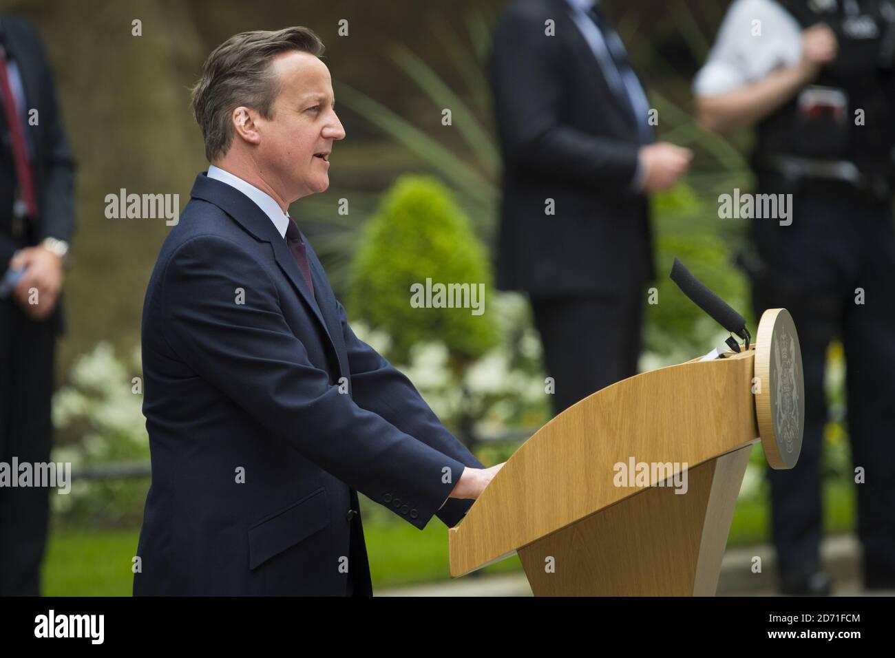 David Cameron makes a statement to the waiting media at number 10 Downing Street, after an audience with the Queen to confirm his second term as Prime Minister following his party's General Election victory. Stock Photo