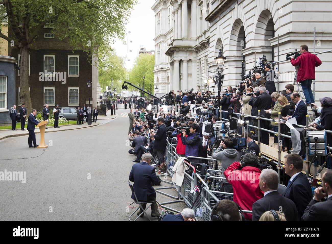 David Cameron makes a statement to the waiting media at number 10 Downing Street, after an audience with the Queen to confirm his second term as Prime Minister following his party's General Election victory. Stock Photo