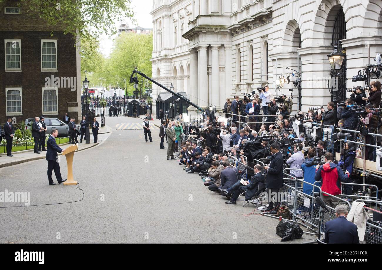 David Cameron makes a statement to the waiting media at number 10 Downing Street, after an audience with the Queen to confirm his second term as Prime Minister following his party's General Election victory. Stock Photo