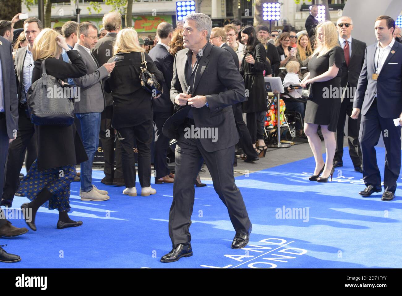 George Clooney arrives for the premiere of Tomorrowland: A World Beyond, at the Odeon Leicester Square, London. Stock Photo