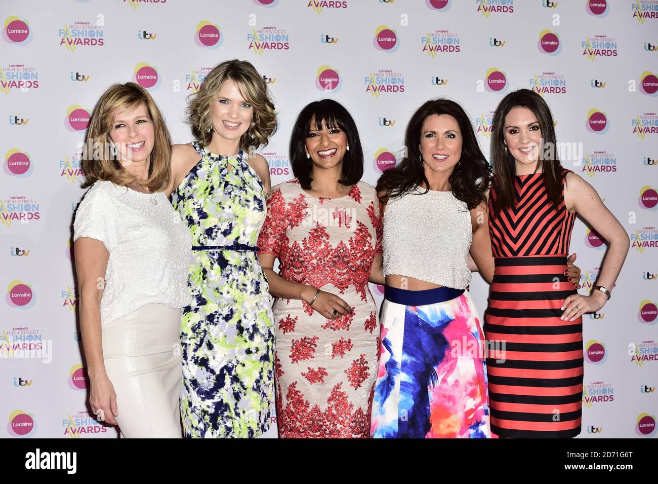 (Left - right) Kate Garraway, Charlotte Hawkins, Ranvir Singh, Susanna Reid and Laura Tobin attending Lorraine's High Street Fashion Awards, at the Connaught Rooms in London Stock Photo