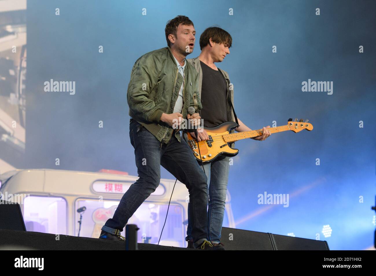 Damon Albarn and Alex James of Blur performing at the British Summertime Festival in Hyde park, London.  Stock Photo