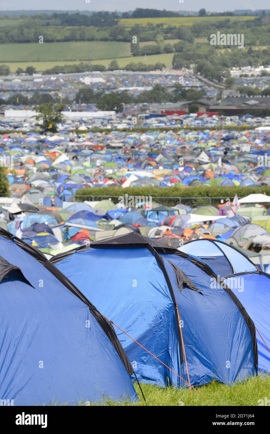 Camp sites fill up with tents at the Glastonbury Festival at Worthy Farm in Somerset. Stock Photo