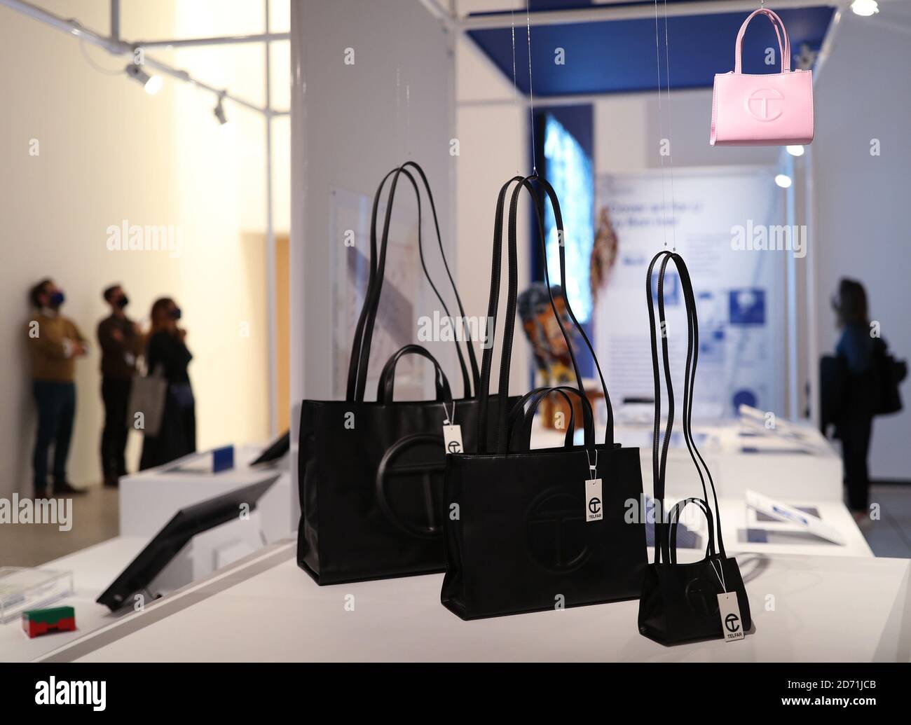 The vegan leather, non-gendered Telfar bag by American fashion designer Telfar Clemens, at a photo call for the Beazley Designs of the Year exhibition at the Design Museum in London. Stock Photo