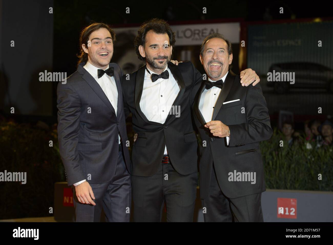 Peter Lanzani, Pablo Trapero and Guillermo Francella attending the premiere of El Clan, at the 72nd Venice Film Festival in Venice, Italy. Stock Photo