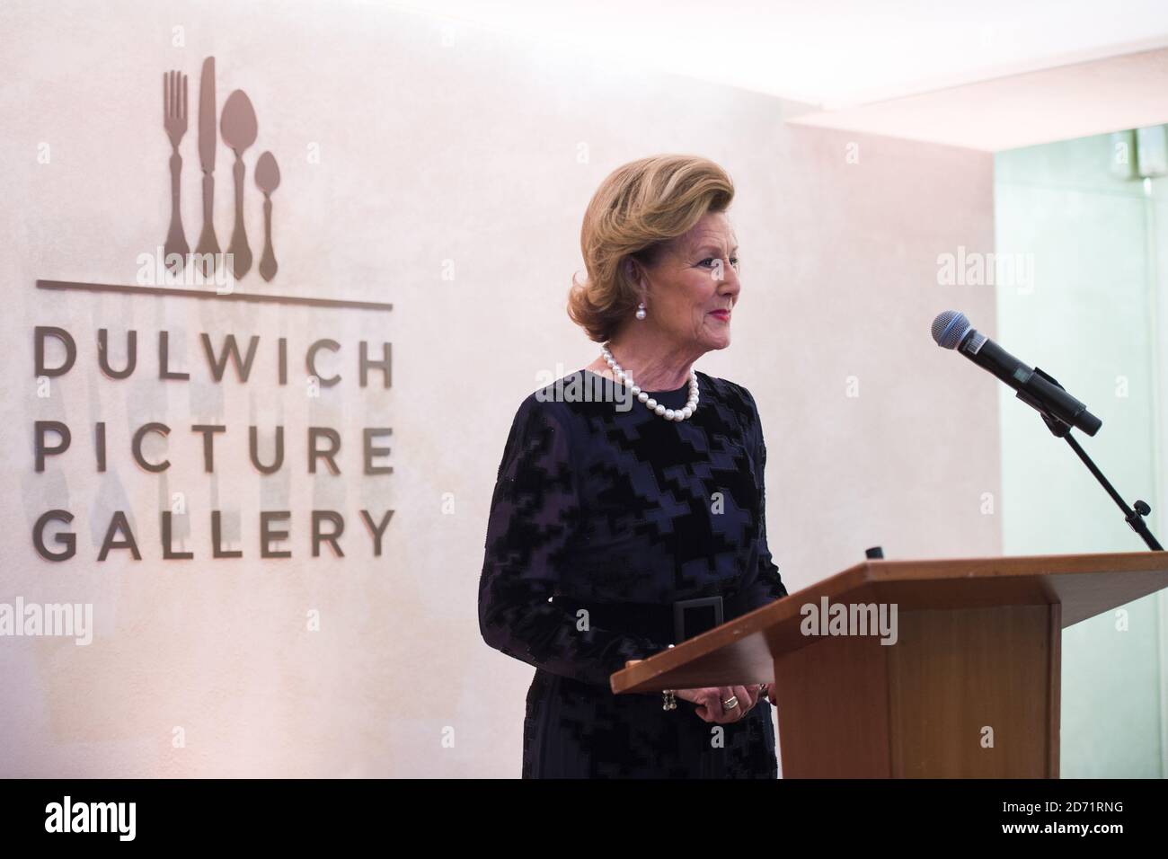 Her Majesty Queen Sonja of Norway pictured during a visit to the Nikolai Astrup exhibition, at Dulwich Picture Gallery in south London. Stock Photo