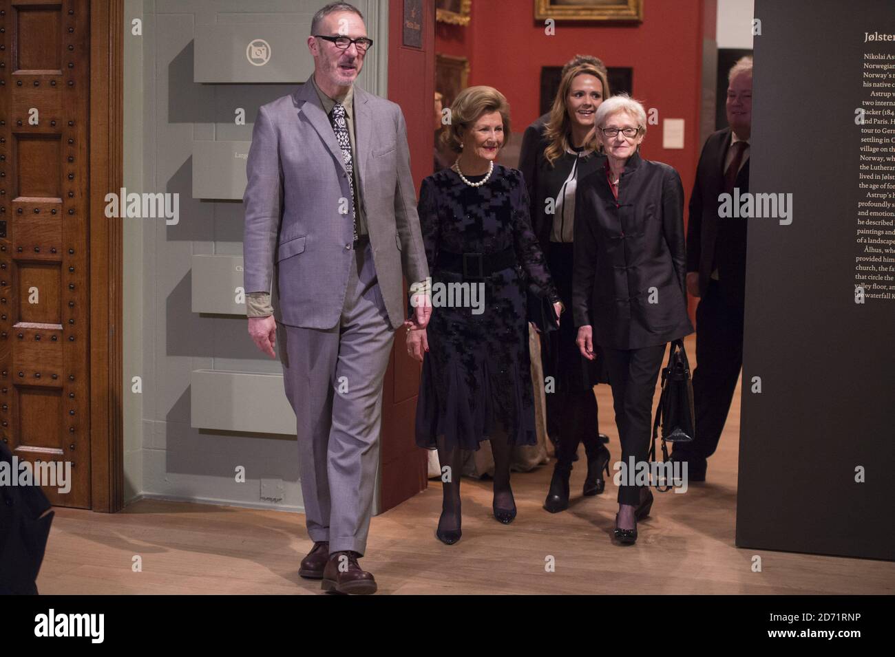Her Majesty Queen Sonja of Norway pictured during a visit to the Nikolai Astrup exhibition, at Dulwich Picture Gallery in south London. Stock Photo
