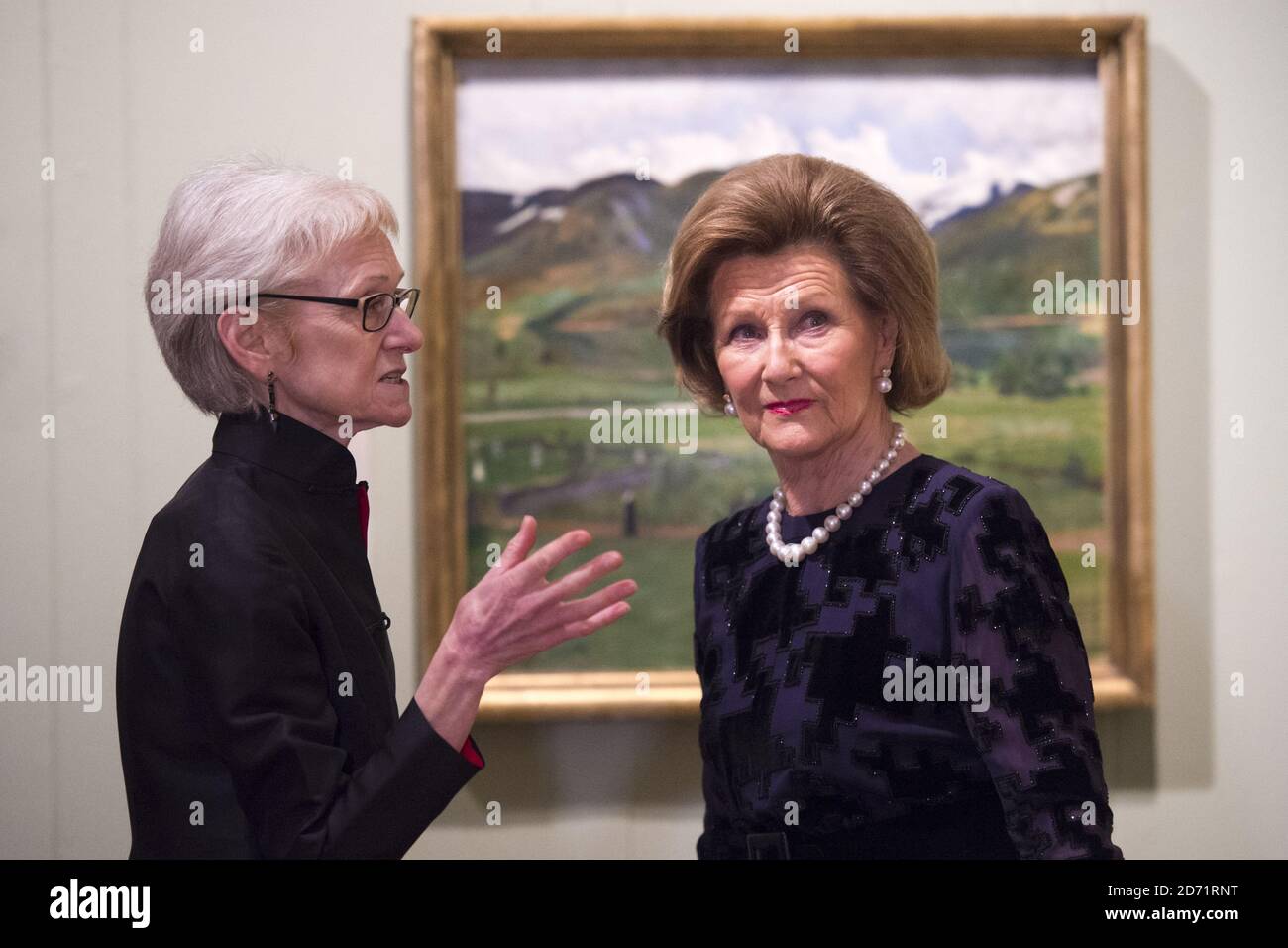 Her Majesty Queen Sonja of Norway pictured with curator MaryAnne Stevens, during a visit to the Nikolai Astrup exhibition, at Dulwich Picture Gallery in south London. Stock Photo