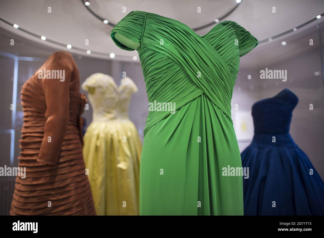 An evening dress by Catherine Walker, worn by Princess Diana, on display at  the new Fashion Rules exhibition, featuring pieces from the collections of  HM The Queen, Princess Margaret and Diana, Princess