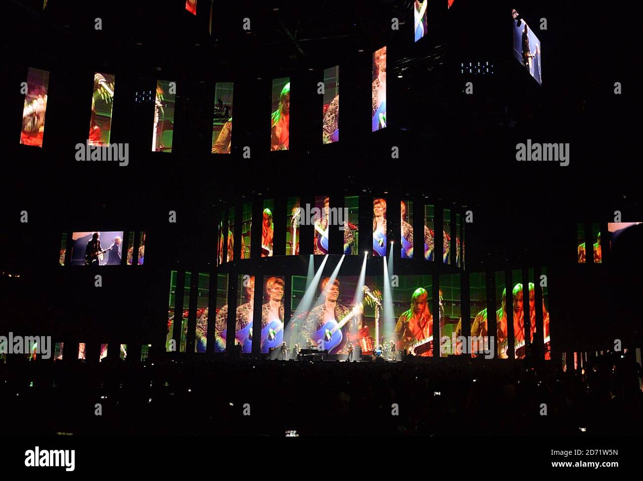 David Bowie tribute on stage during the 2016 Brit Awards at the O2 Arena, London. Stock Photo