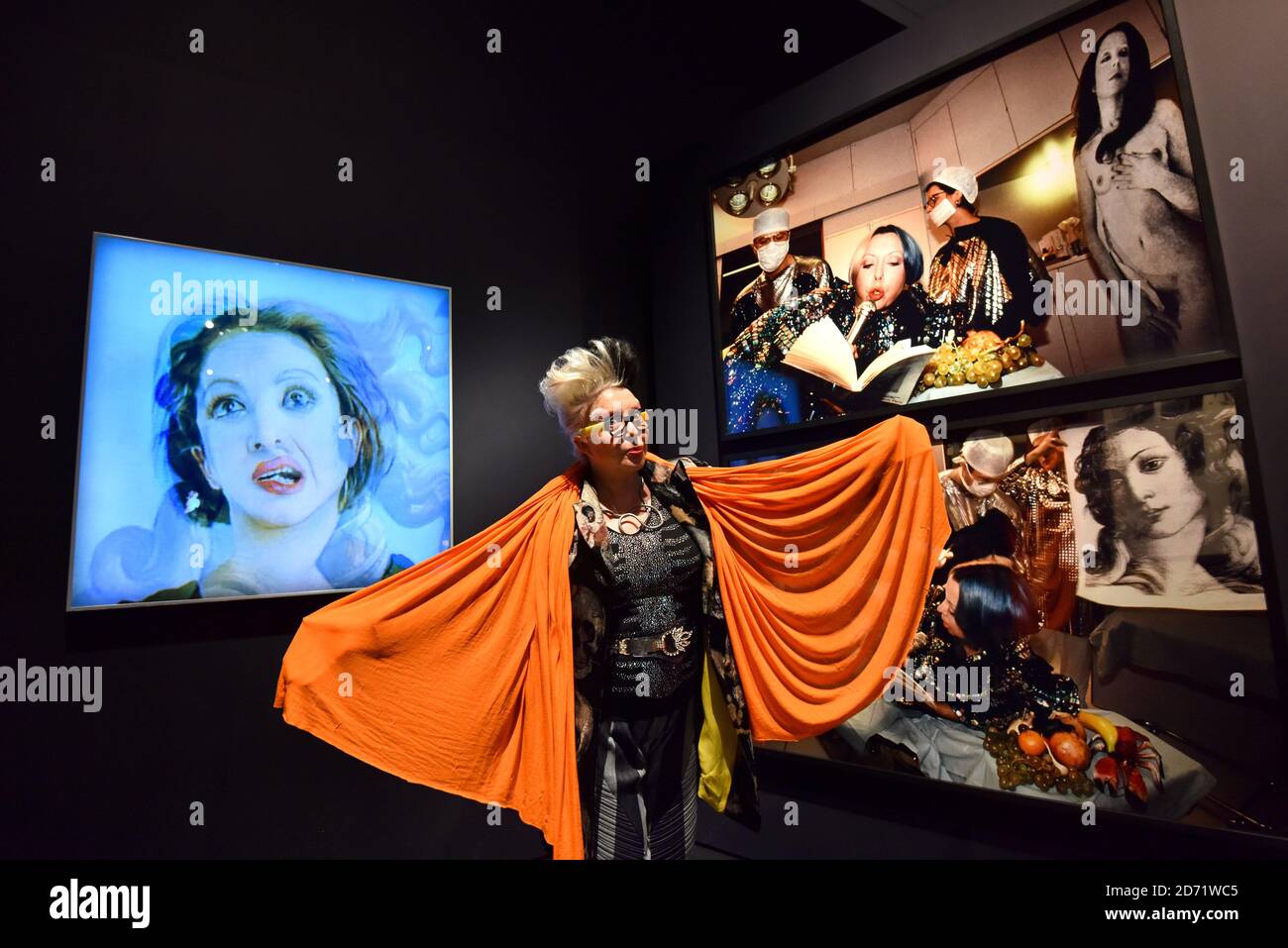 Artist Orlan pictured with some of her works at the Botticelli Reimagined exhibition, at the V&A Museum in London. Stock Photo