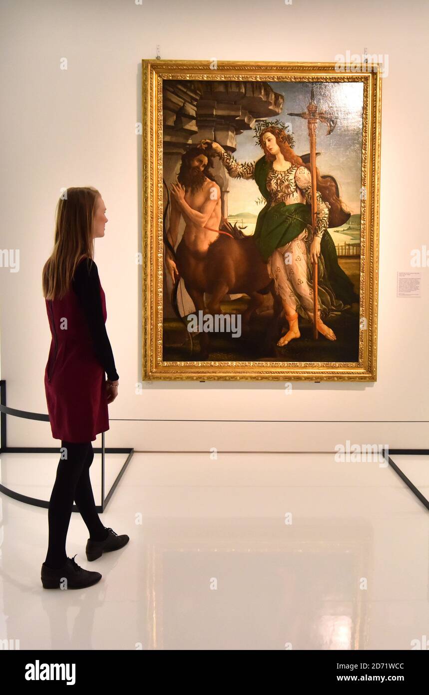 A gallery assistant pictured with Pallas and the Centaur by Botticelli, at the Botticelli Reimagined exhibition at the V&A Museum in London. Stock Photo