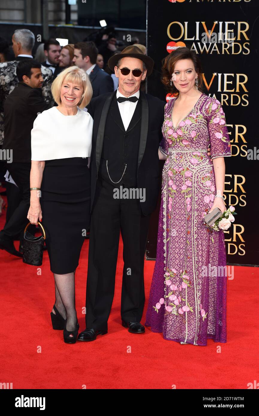 Mark Rylance with wife Claire van Kampen (L) and Juliet Rylance (R) attending the Olivier Award, at the Royal Opera House in London. Stock Photo