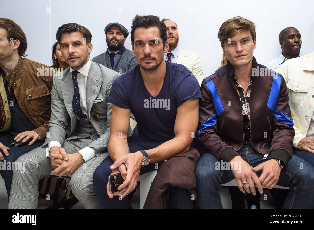 David Gandy and Oliver Cheshire on the front row at the Christopher Raeburn fashion show, held at the BFC Venue on 180 Strand as part of London Collections: Men,  Stock Photo
