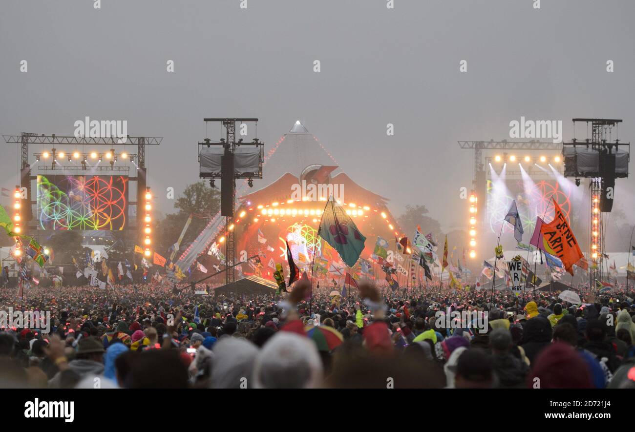 General view of Coldplay performing on the Pyramid Stage at the
