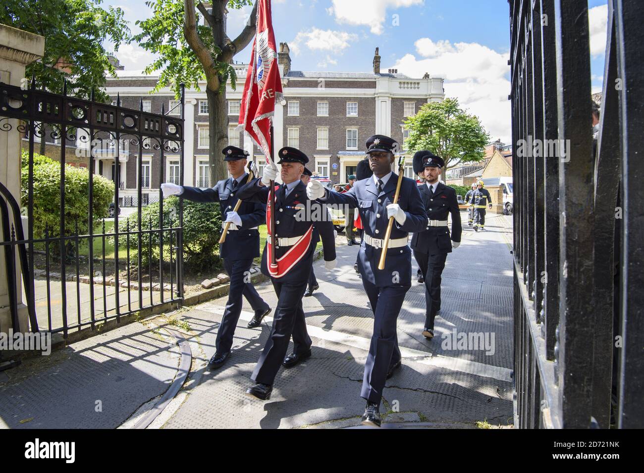 London Firefighters leave their former headquarters at Winchester House to Southwark Cathedral, for a thanksgiving service to mark the Brigadeâ€™s 150th anniversary. Stock Photo