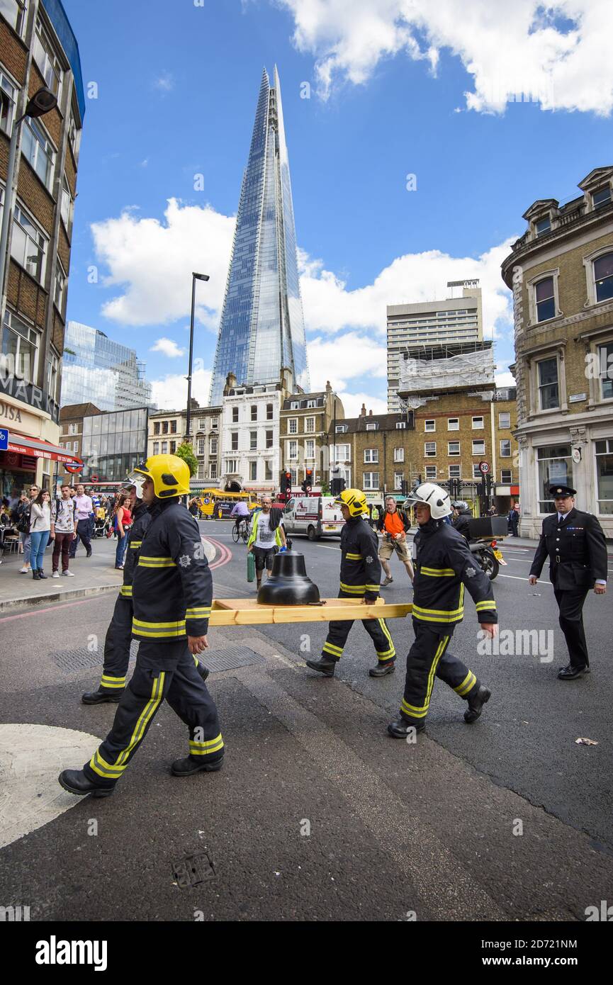 London Firefighters to parade from their former headquarters at Winchester House to Southwark Cathedral, for a thanksgiving service to mark the Brigadeâ€™s 150th anniversary. Stock Photo