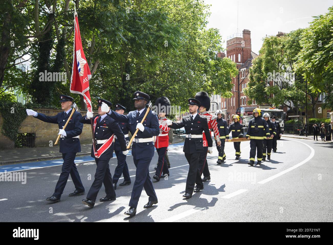 London Firefighters to parade from their former headquarters at Winchester House to Southwark Cathedral, for a thanksgiving service to mark the Brigadeâ€™s 150th anniversary. Stock Photo