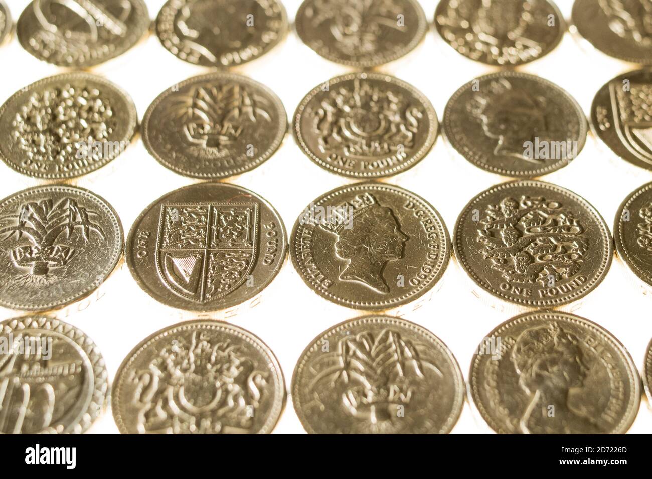 A selection of one pound coins, as the pound continues to be weak against the dollar and Euro, after dropping to a 30-year low after the Brexit Referendum. Stock Photo