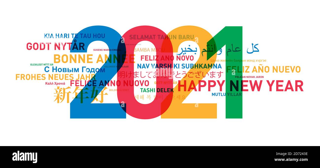 Happy new year 2021 card from the world in different languages and colors Stock Photo