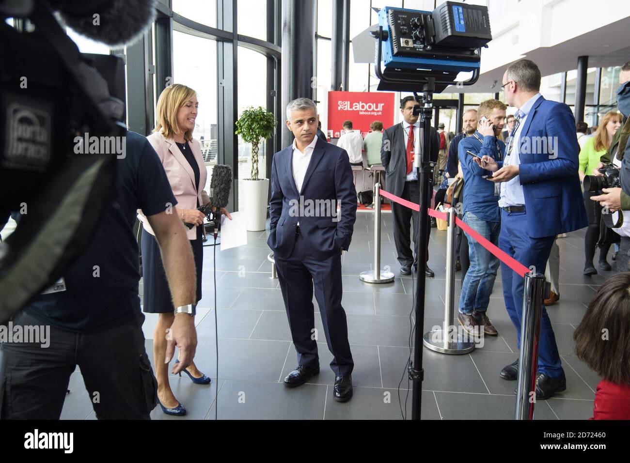 Mayor of London Sadiq Khan conducts TV interviews in the lobby during the third day of the Labour Party conference in Liverpool. Picture date: Tuesday September 27, 2016. Photo credit should read: Matt Crossick/ EMPICS Entertainment.  Stock Photo