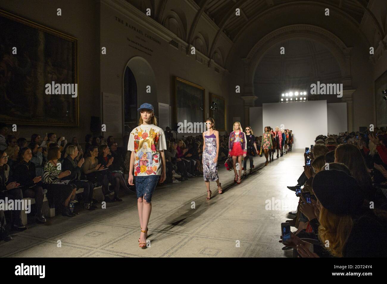 A model on the catwalk during a fashion show for House of Holland, celebrating 10 years of the fashion label, as part of Fashion In Motion at the Victoria & Albert museum, London. Picture date: Friday October 21, 2016. Photo credit should read: Matt Crossick/ EMPICS Entertainment. Stock Photo