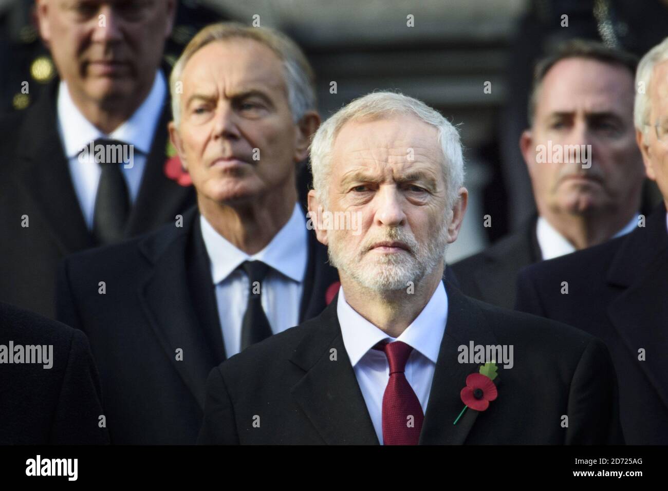 Labour leader Jeremy Corbyn and former Prime Minister Tony Blair during the annual Remembrance Sunday Service at the Cenotaph memorial in Whitehall, central London, held in tribute for members of the armed forces who have died in major conflicts. Picture date: Sunday November 13th, 2016. Photo credit should read: Matt Crossick/ EMPICS Entertainment. Stock Photo