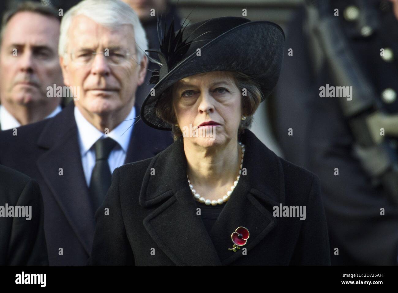 Prime Minister Theresa May during the annual Remembrance Sunday Service at the Cenotaph memorial in Whitehall, central London, held in tribute for members of the armed forces who have died in major conflicts. Picture date: Sunday November 13th, 2016. Photo credit should read: Matt Crossick/ EMPICS Entertainment. Stock Photo