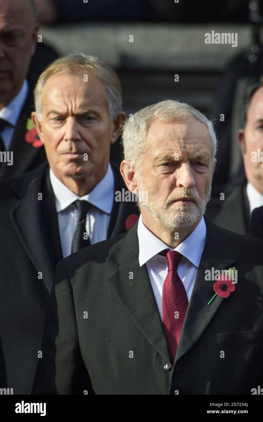 Labour leader Jeremy Corbyn and former Prime Minister Tony Blair during the annual Remembrance Sunday Service at the Cenotaph memorial in Whitehall, central London, held in tribute for members of the armed forces who have died in major conflicts. Picture date: Sunday November 13th, 2016. Photo credit should read: Matt Crossick/ EMPICS Entertainment. Stock Photo