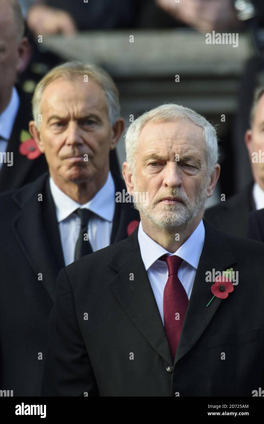 Labour leader Jeremy Corbyn and former Prime Minister Tony Blair during the annual Remembrance Sunday Service at the Cenotaph memorial in Whitehall, central London, held in tribute for members of the armed forces who have died in major conflicts. Picture date: Sunday November 13th, 2016. Photo credit should read: Matt Crossick/ EMPICS Entertainment. Stock Photo