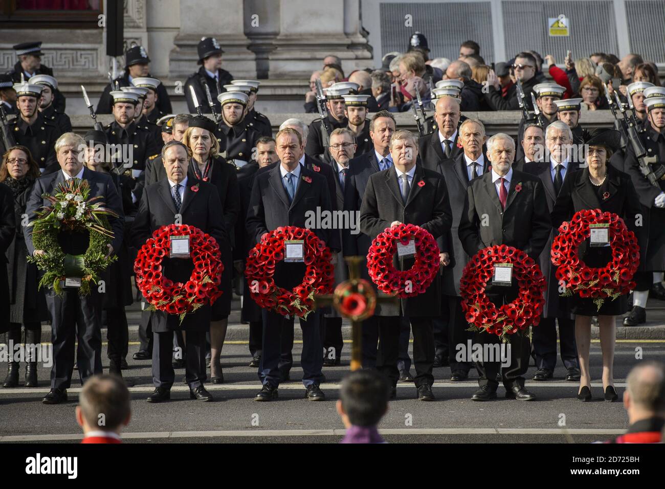 Foreign secretary Boris Johnson, Liberal Democrat leader Tim Farron, SNP Deputy Leader Angus Robertson, Labour leader Jeremy Corbyn, Prime Minister Theresa May, and former prime ministers David Cameron, Tony Blair and John Major, during the annual Remembrance Sunday Service at the Cenotaph memorial in Whitehall, central London, held in tribute for members of the armed forces who have died in major conflicts. Picture date: Sunday November 13th, 2016. Photo credit should read: Matt Crossick/ EMPICS Entertainment. Stock Photo