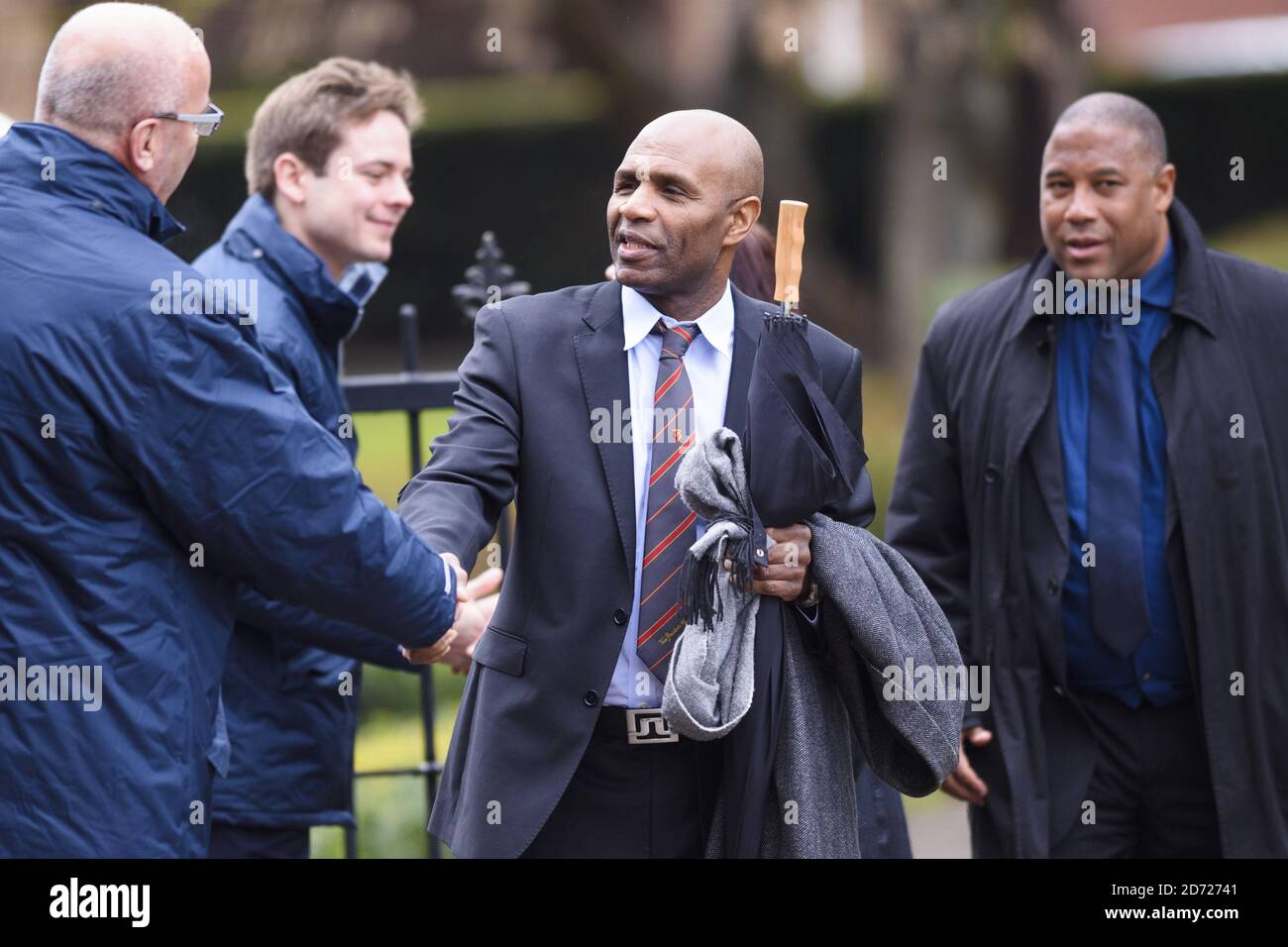 Luther Blissett and John Barnes attending the funeral service for Graham Taylor, at St Mary's Church, Watford. Picture date: Wednesday February 1st, 2016. Photo credit should read: Matt Crossick/ EMPICS Entertainment. Stock Photo