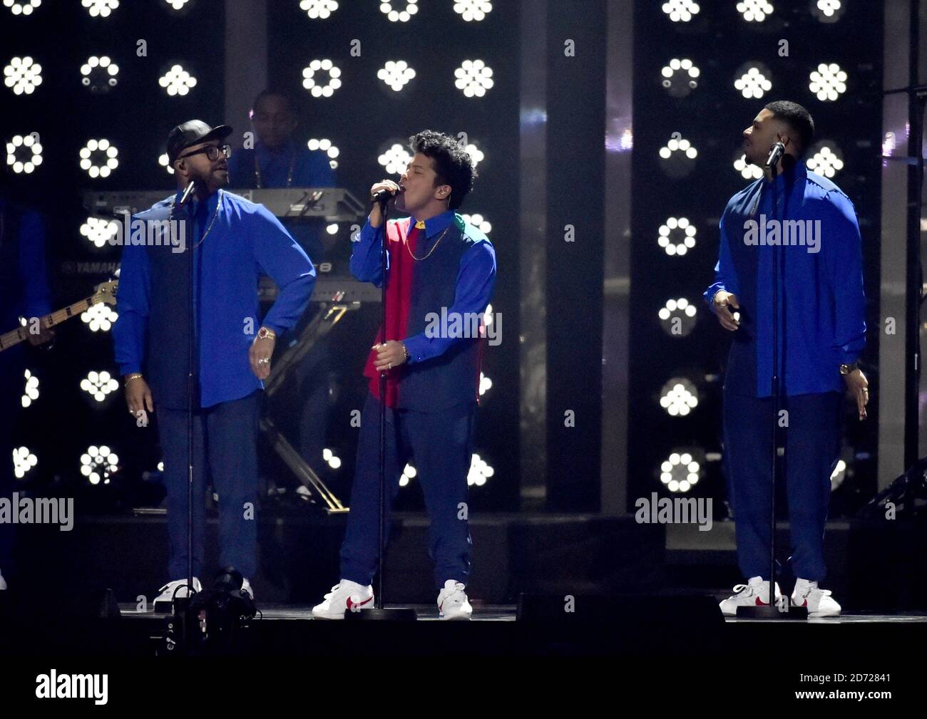 Bruno Mars on stage at the BRIT Awards 2017, held at The O2 Arena, in  London. Picture date Tuesday February 22, 2017. Picture credit should read  Matt Crossick/ EMPICS Entertainment. Editorial Use